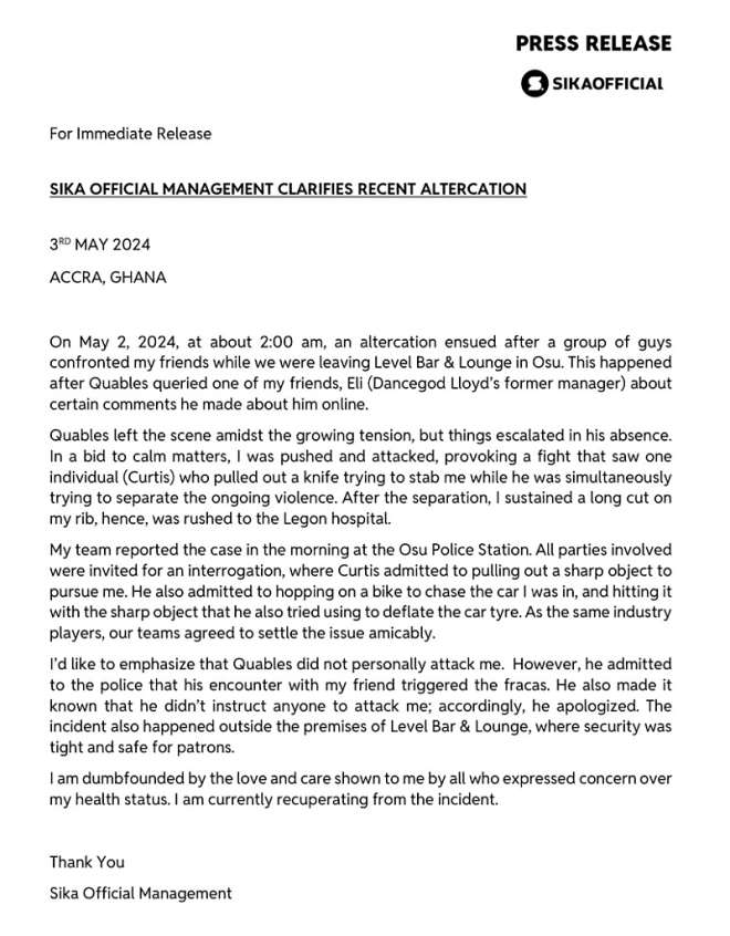 Quables didn't stab me or order for my attack — SikaOfficial clarifies