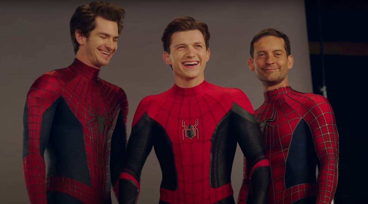SpiderMan No Way Home behindthescenes Tom Holland, Tobey Maguire and Andrew Garfield on