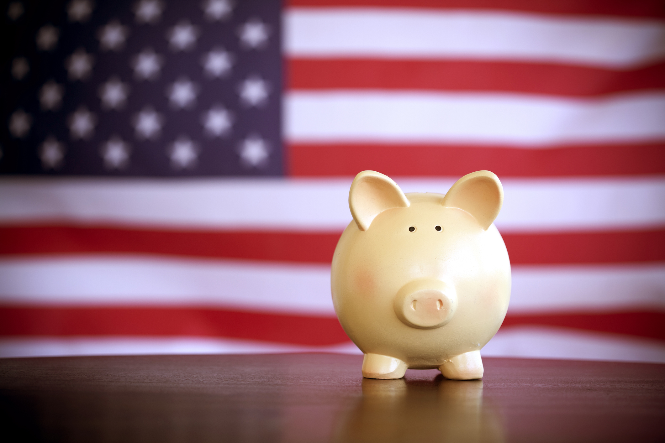 piggy bank in front of american flag. government spending in tech