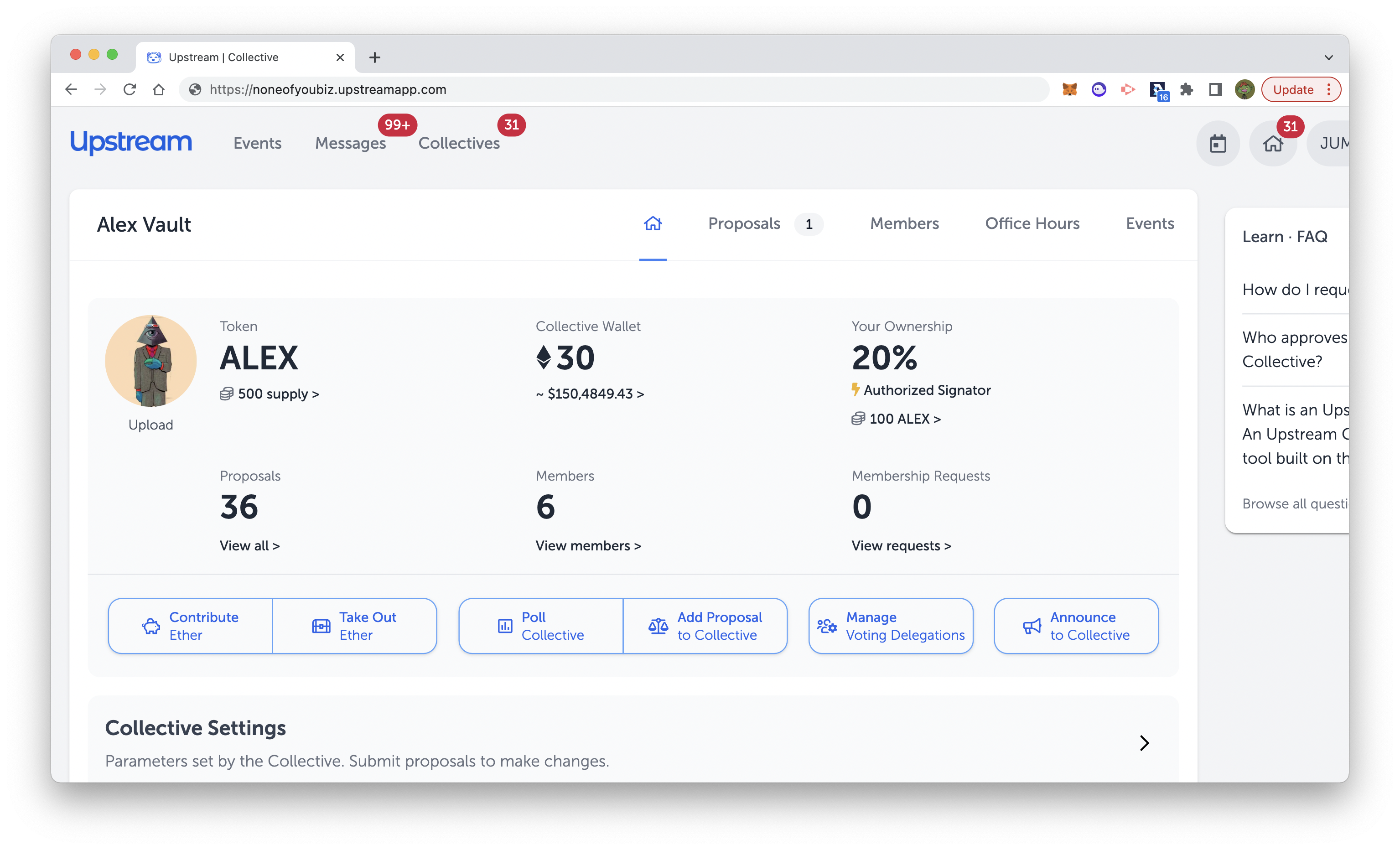 A screenshot of the homepage interface of the Upstream Vault DAO
