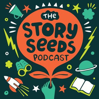 The Story Seeds podcast art featuring drawings of planets binoculars books megaphones