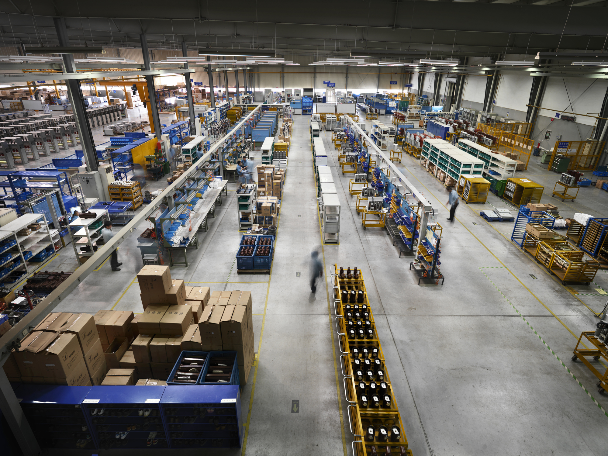 An aerial view of a high tech electrical switchgear factory assembly floor.