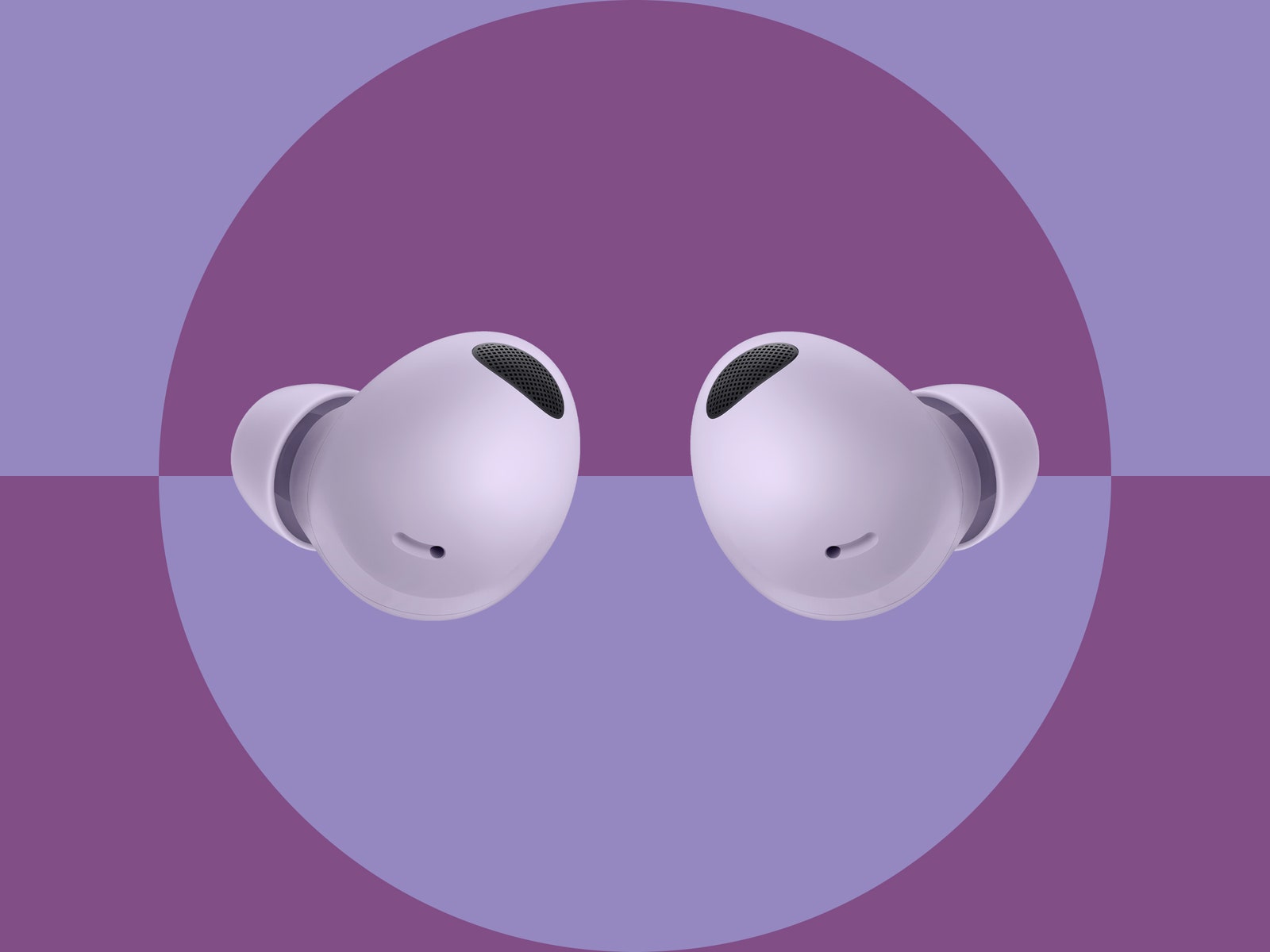 Samsung Galaxy Buds2 Pro on purple geometric backdrop
