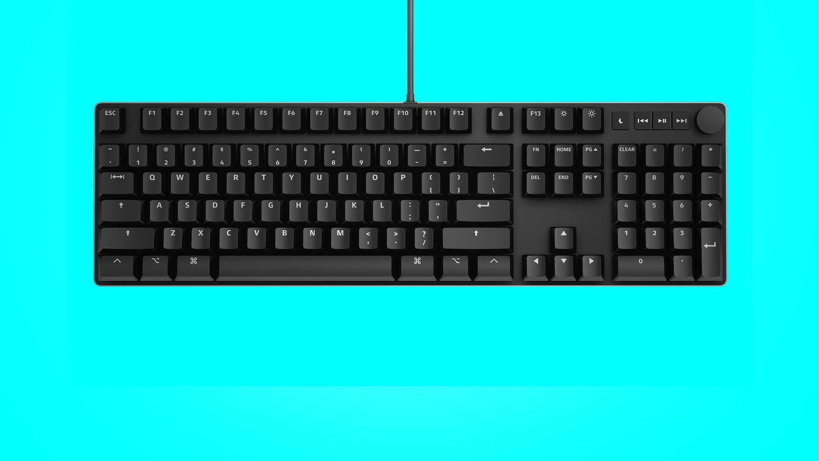 Das Keyboard MacTigr photographed from above against a turquoise background