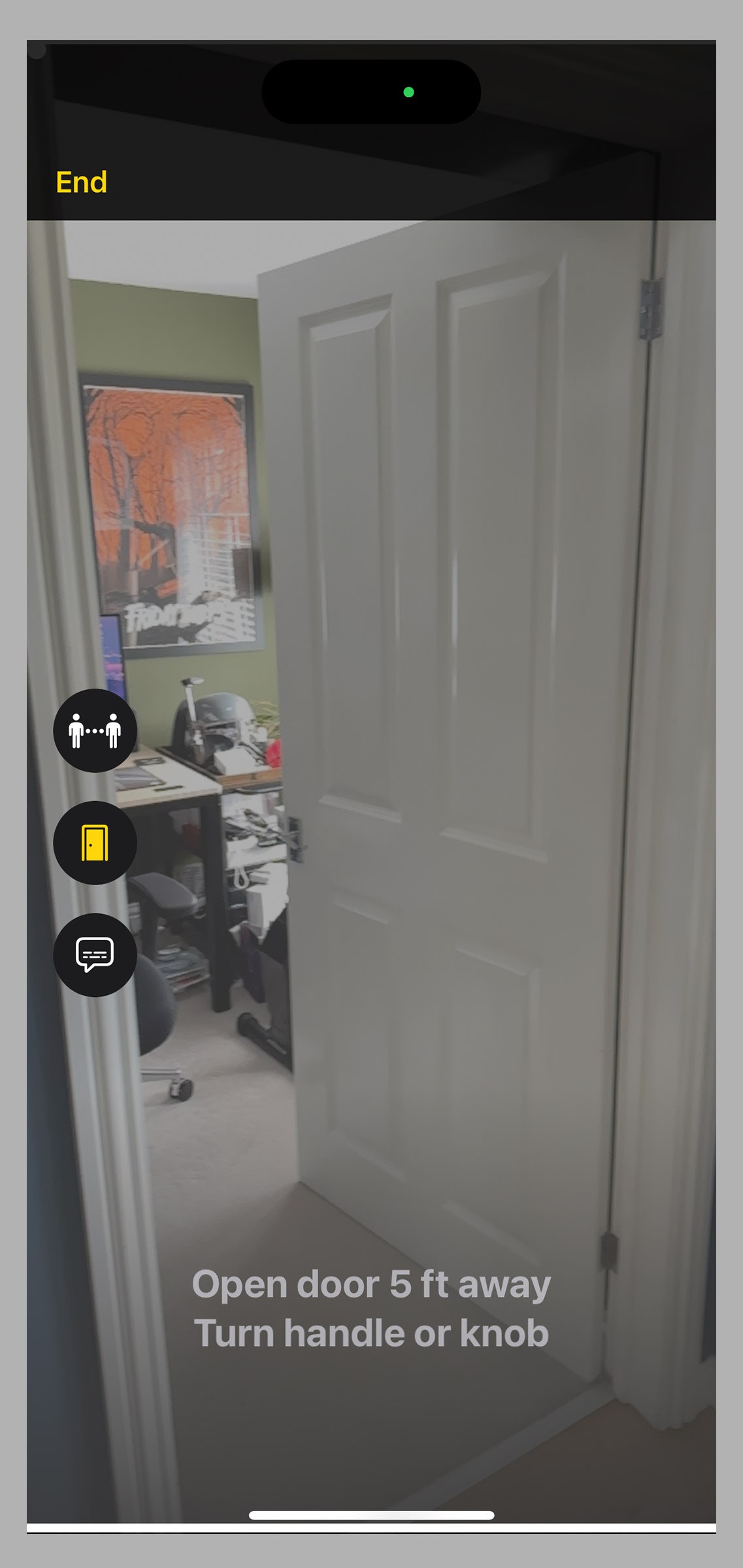 Magnifier app's door detection feature on iPhone image of an open white door with text overtop that reads open door 5ft...