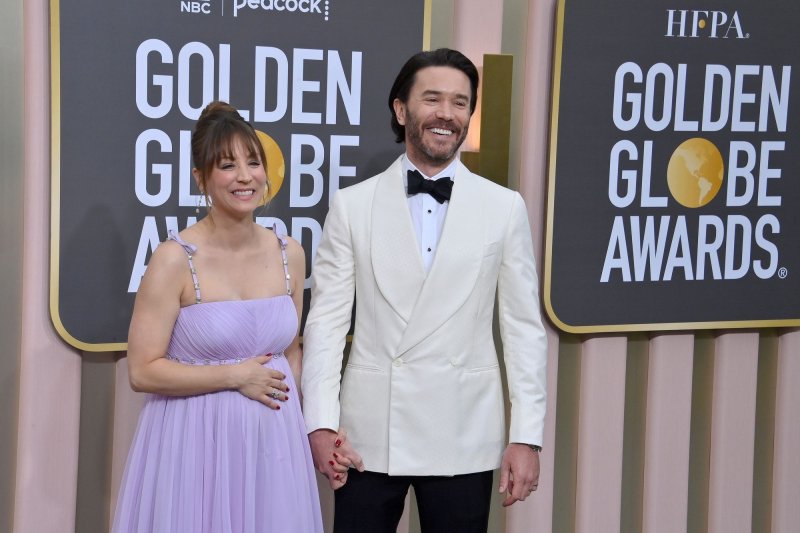 Tom Pelphrey and Kaley Cuoco arrive for the 80th annual Golden Globe Awards at the Beverly Hilton in Beverly Hills, California on Tuesday, January 10, 2023. Photo by Jim Ruymen/UPI