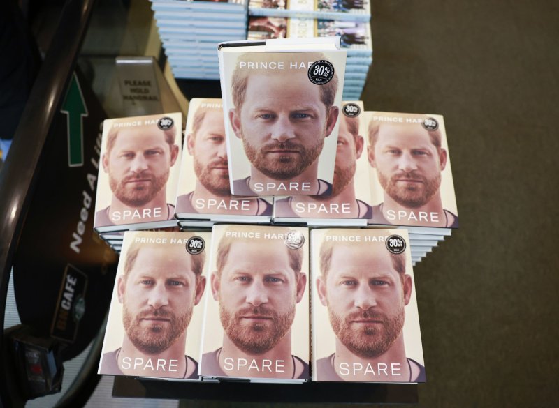 Prince Harry's book "Spare" is on display and on sale at a book store in New York City on Tuesday. Photo by John Angelillo/UPI