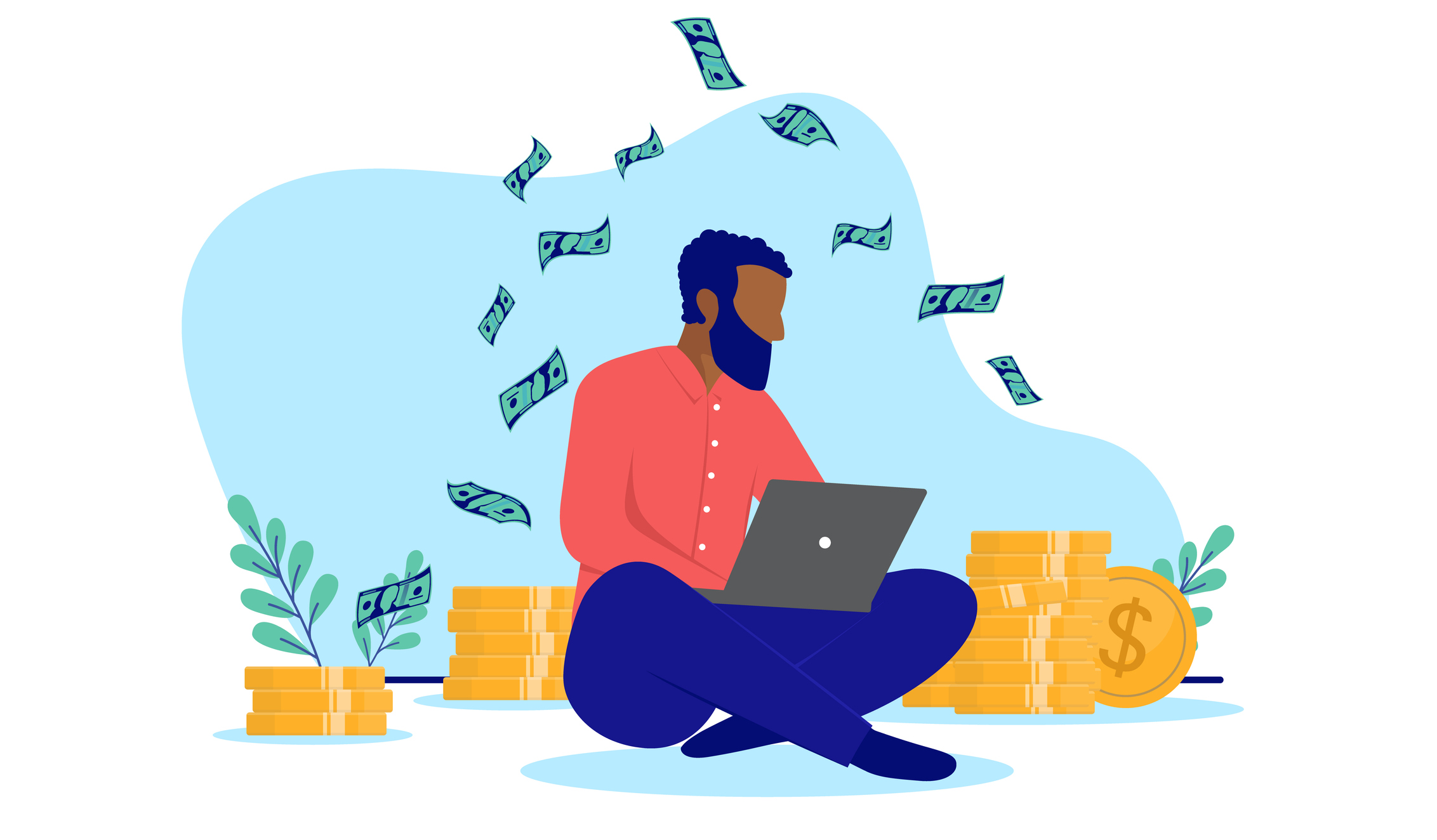 Black ethnic man sitting with laptop on floor making income online. Flat design vector illustration with white background