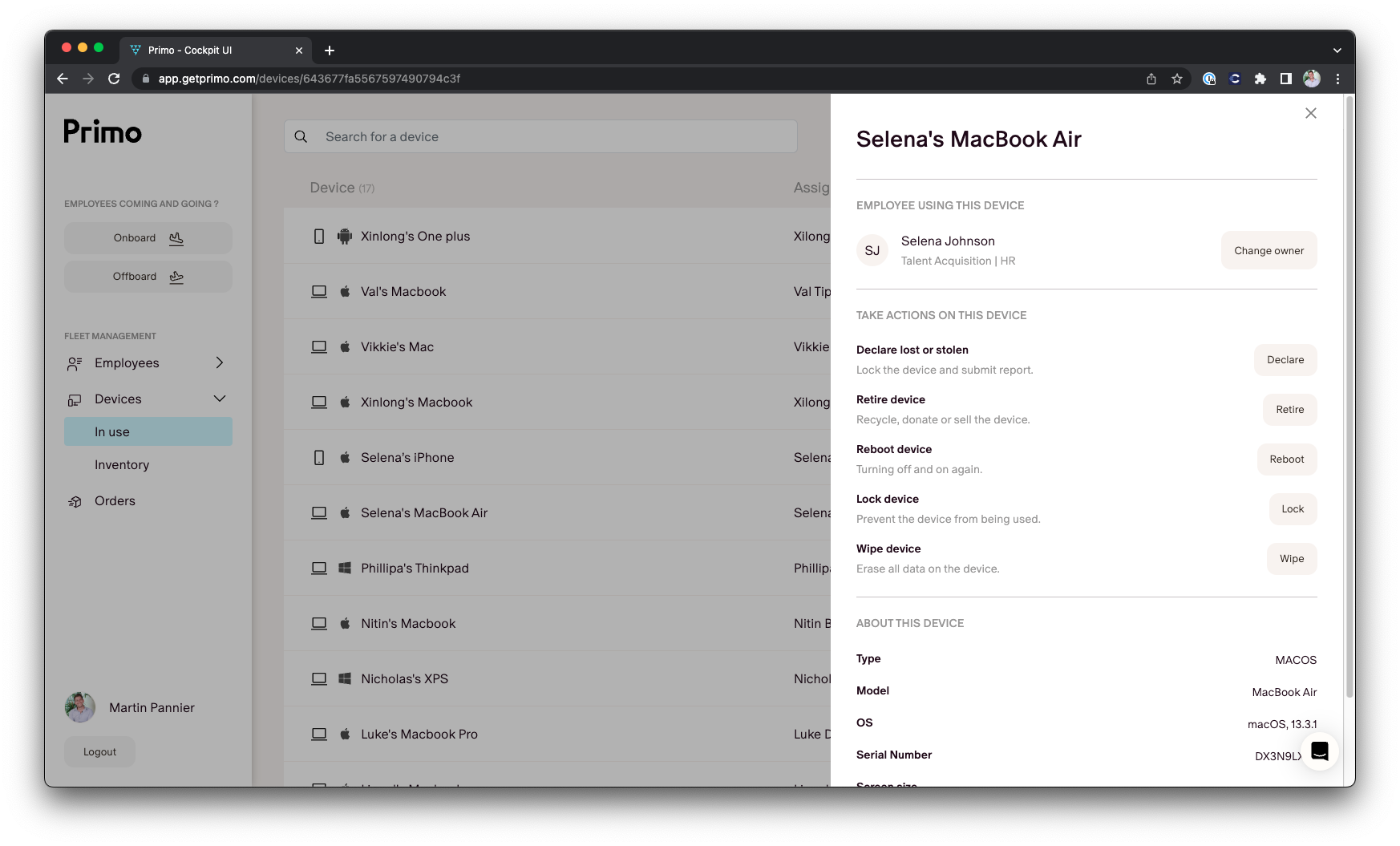 A screenshot of the Primo interface with several buttons to remotely reboot, lock or wipe device