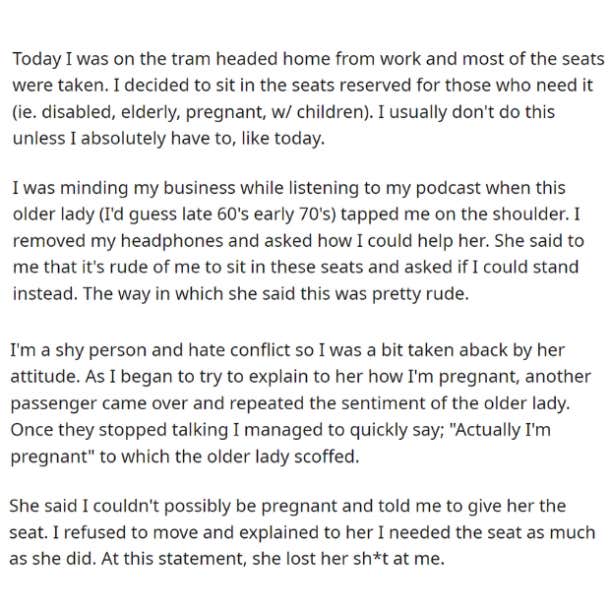 Pregnant woman refuses to give up her seat to old lady on train: Right or wrong?