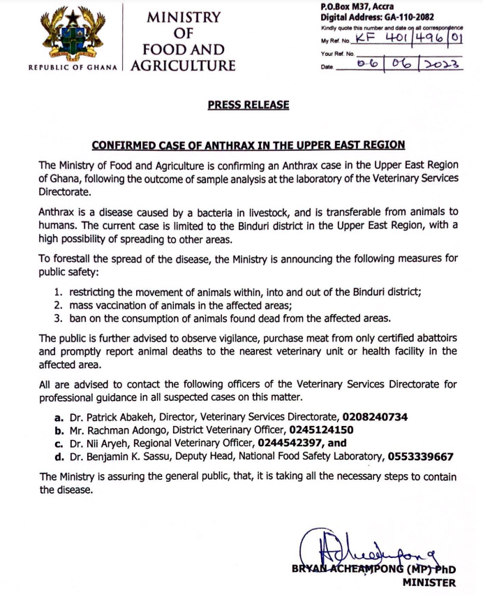 Agric Ministry confirms one case of Anthrax in Upper East region