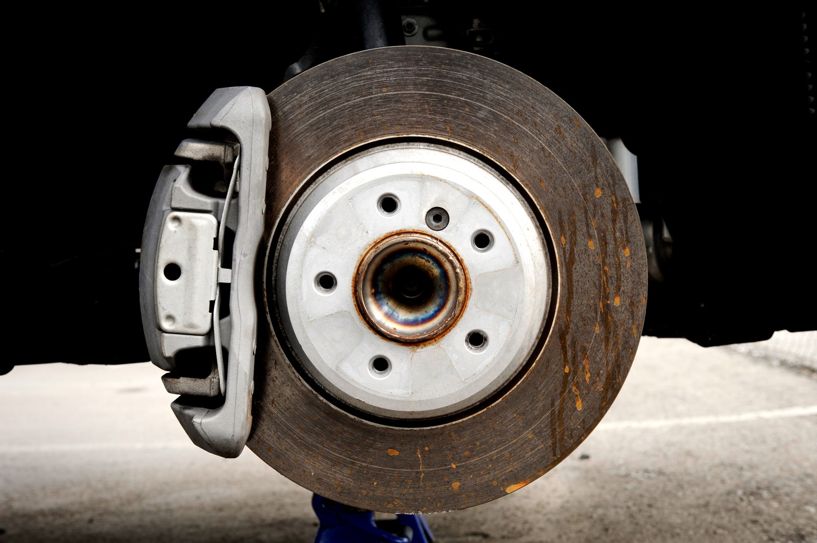 Close up of brake pads on a car wheel