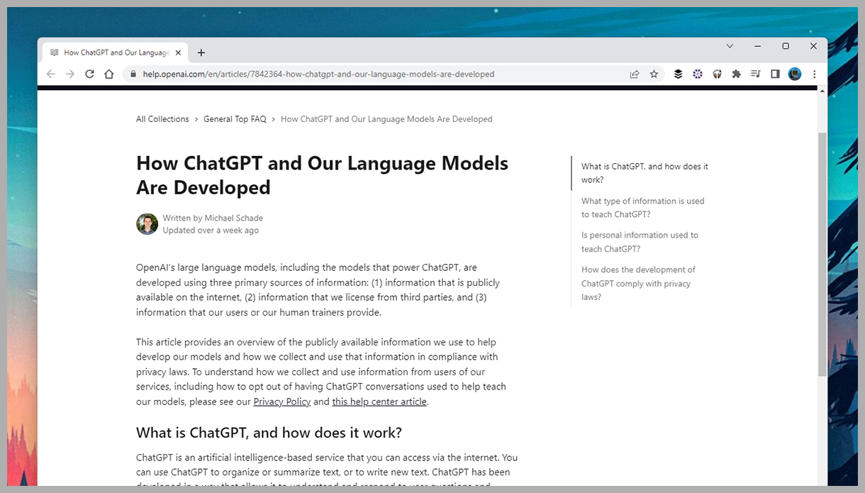 Screenshot of an article open in a browser window