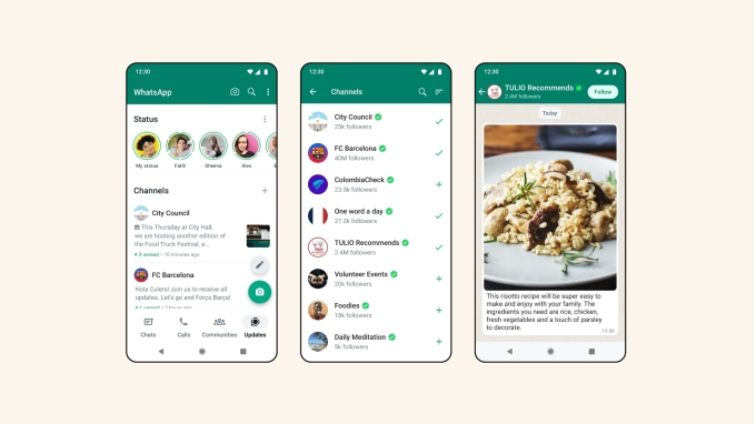 WhatsApp displayed om 3 smartphone screens