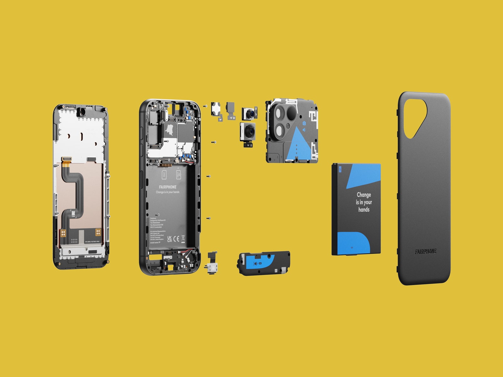Disassembled Fairphone 5 with each individual part separated