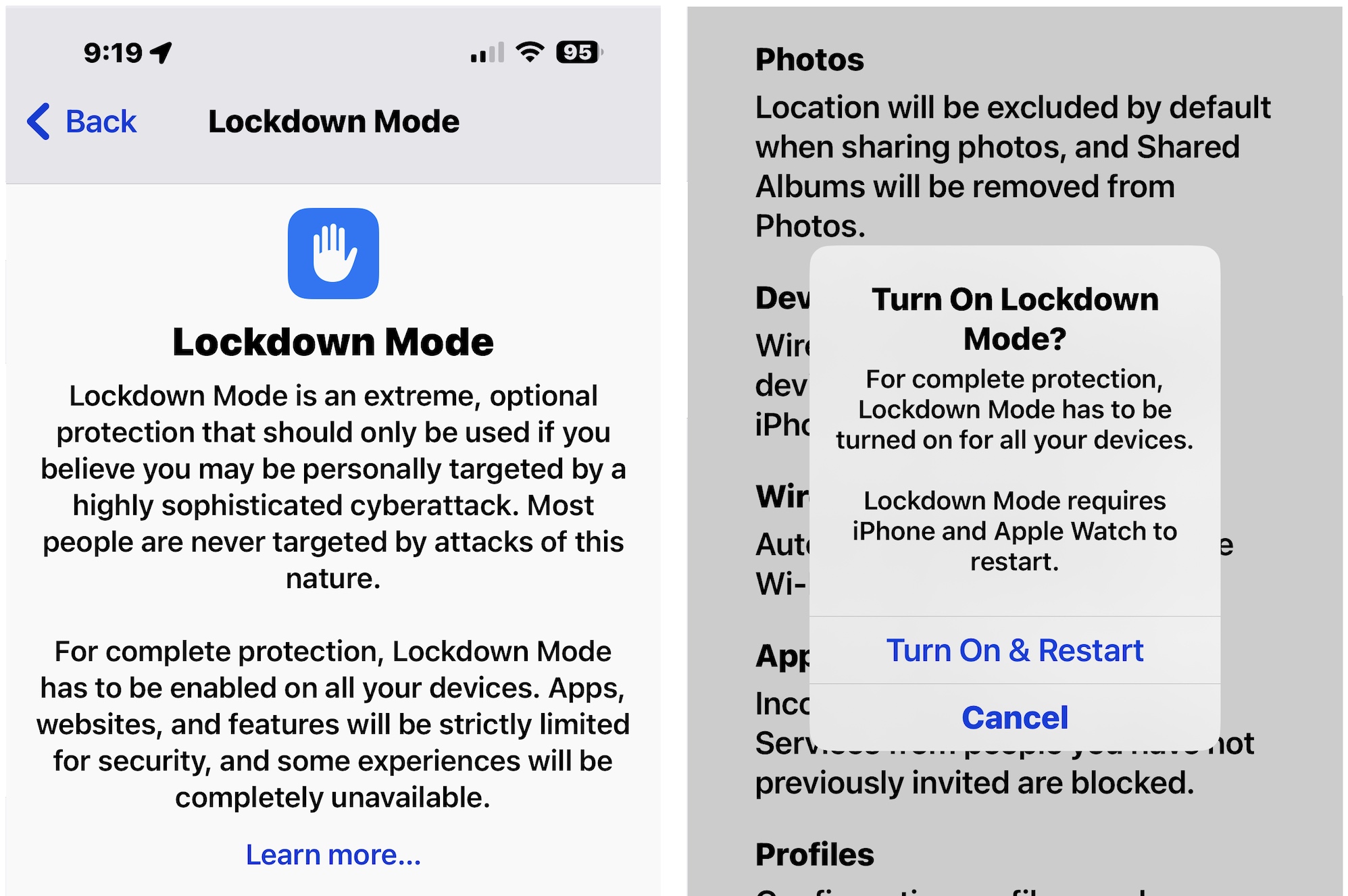 Two screenshots of Lockdown Mode side by side featuring a dialog box asking if the user wants to switch on Lockdown Mode
