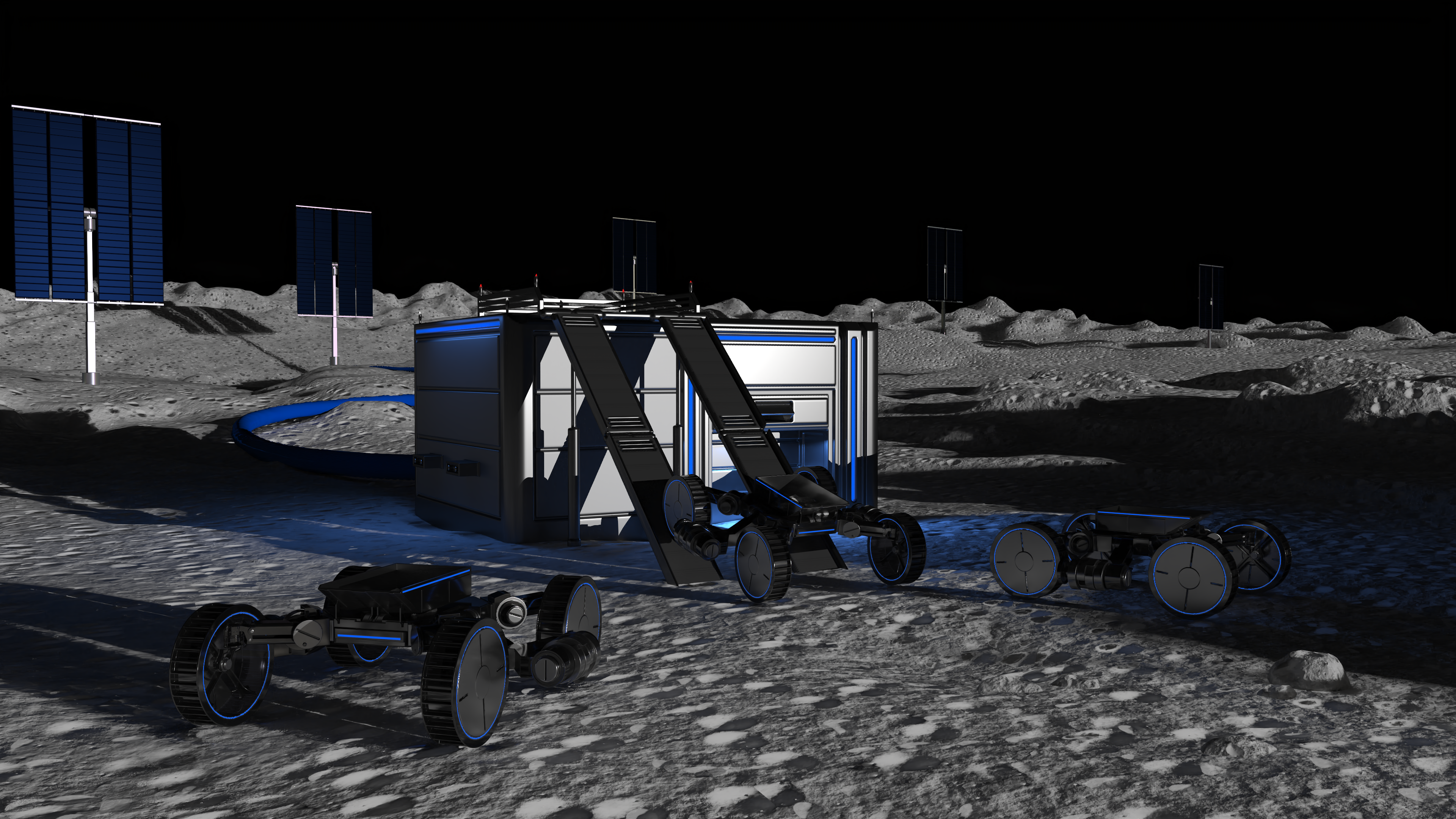 Starpath Robotics render; mining and refining moon water