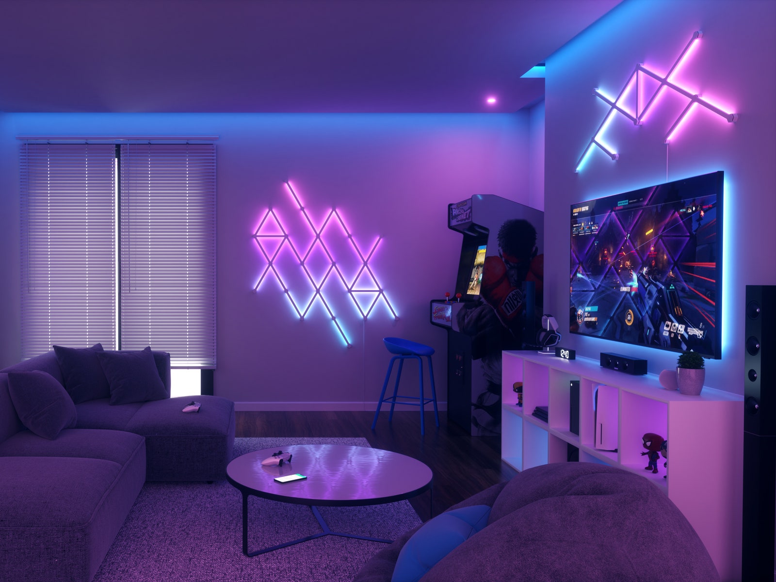 Nanoleaf lines on wall illuminating game room