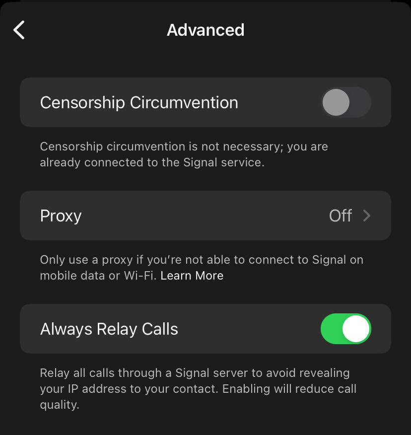 Setting in Signal to disable peer-to-peer calls.