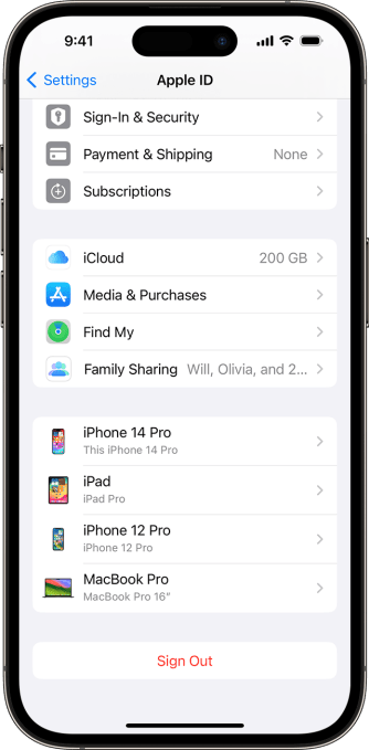 a screenshot on an iPhone showing all the logged in devices on an Apple account.