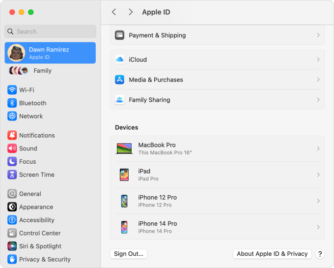 A screenshot on a Mac showing all the logged in devices on an Apple account.