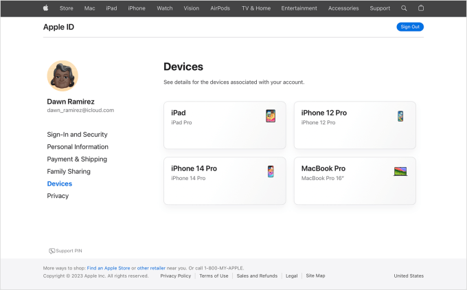 A screenshot on a browser view showing all the logged in devices on an Apple account.