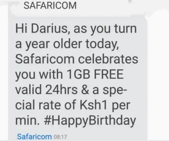 Evidence of customer's message for getting free birthday bundles.