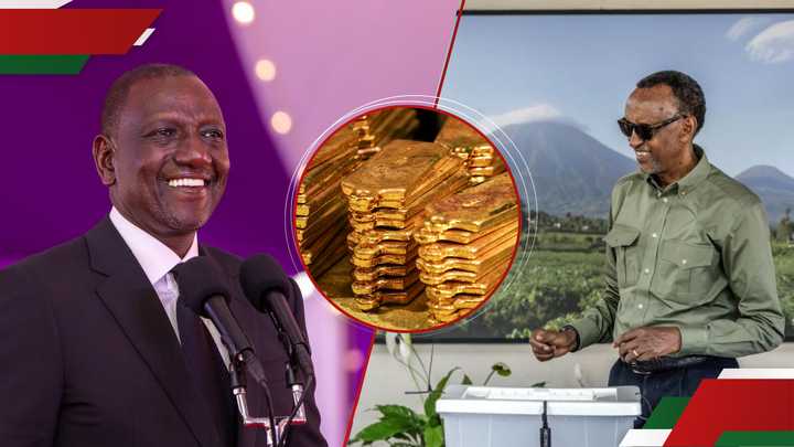 Photo collage of William Ruto , Paul Kagame and Gold bars.