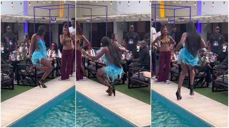 Lady dances to Asake’s Joha in high heels close to swimming Pool (video)