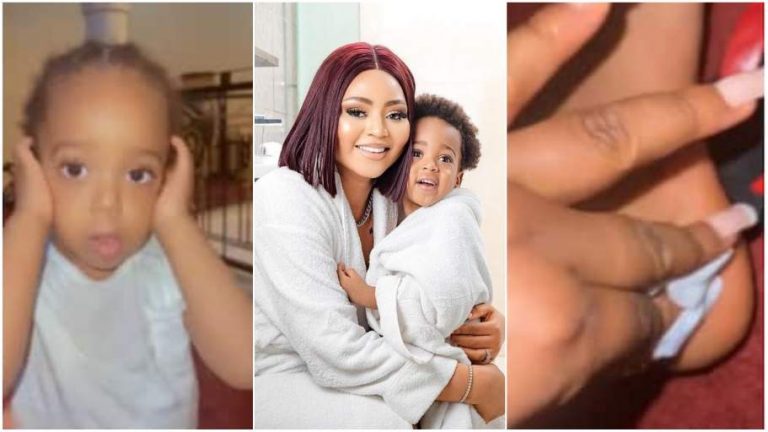 Regina Daniels’ son holds his ears, Apologises for breaking plate (video)