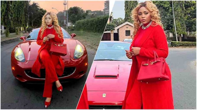 Actress Regina Daniels gives boss vibes as she matches outfit with car