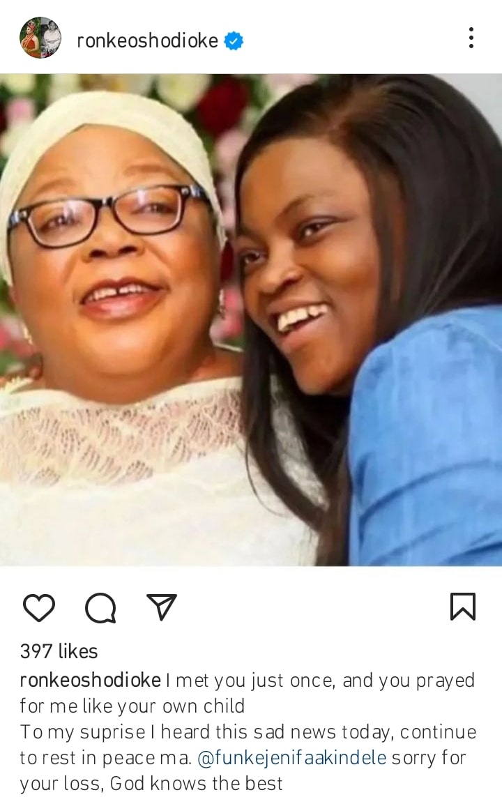 Ronke Oshodi mourns Funke Akindele's mother