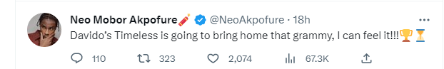 "Davido's album timeless is going to bring home that Grammy" - BBNaija's Neo showers prayers