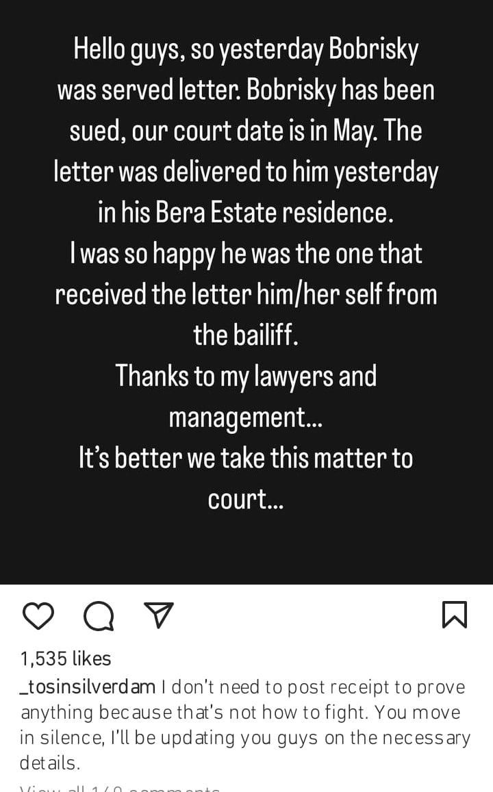 Tosin Silverdam sues Bobrisky