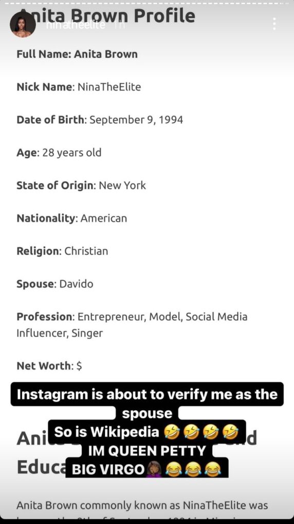 Anita Brown says Instagram is about to verify her as Davido's spouse 
