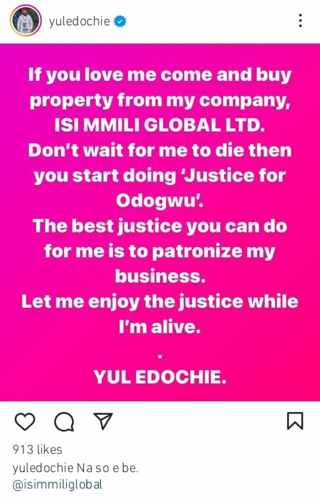 Yul Edochie tells Nigerians to support his business Isi Mmili Company