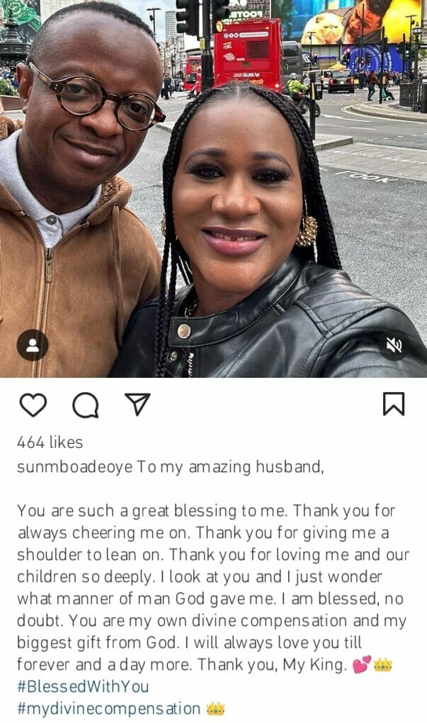 Sunmbo Adeoye appreciates husband for be a blessing