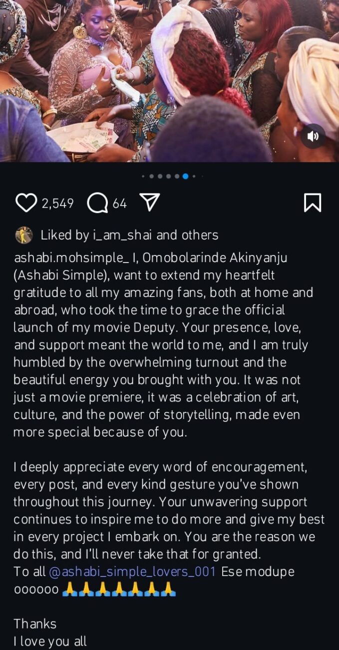 Ashabi pens appreciation post following movie premiere