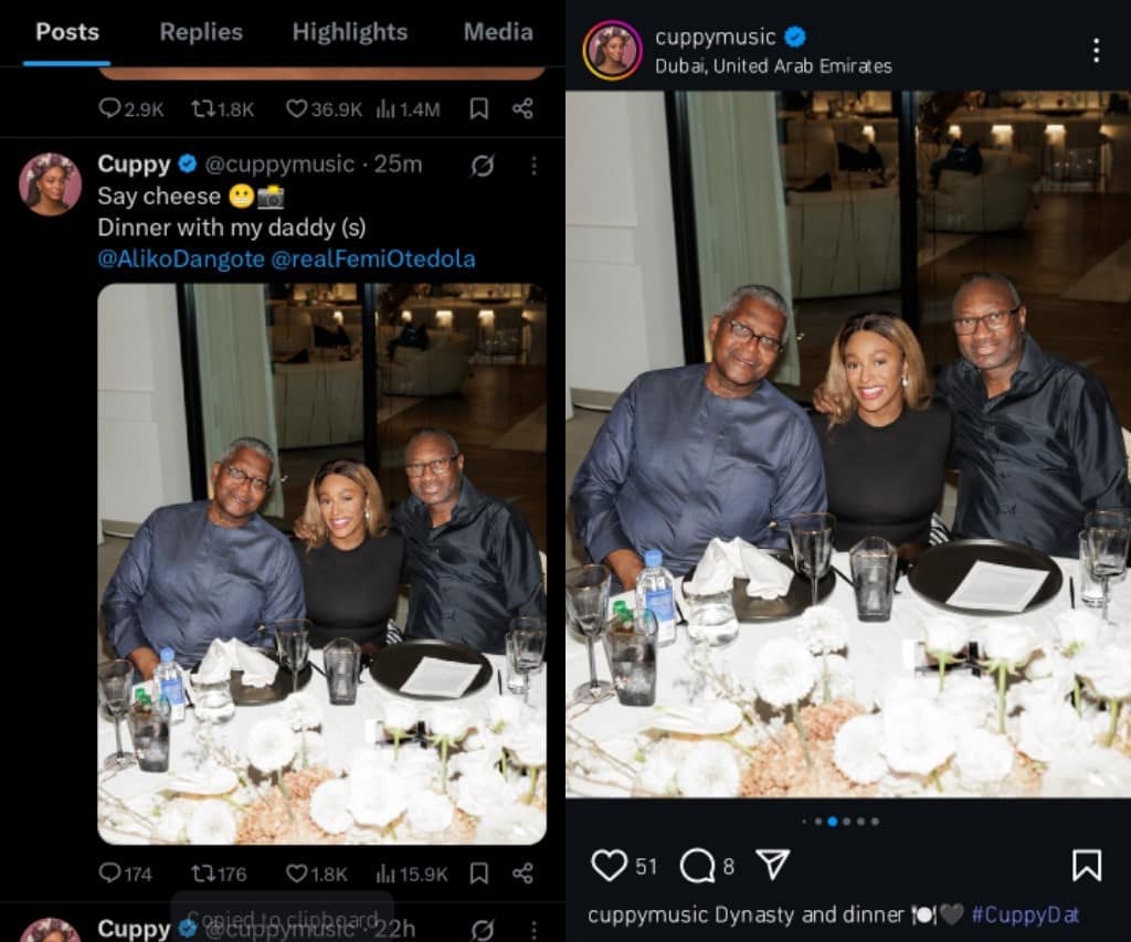 DJ Cuppy takes dinner with father and Aliko Dangote