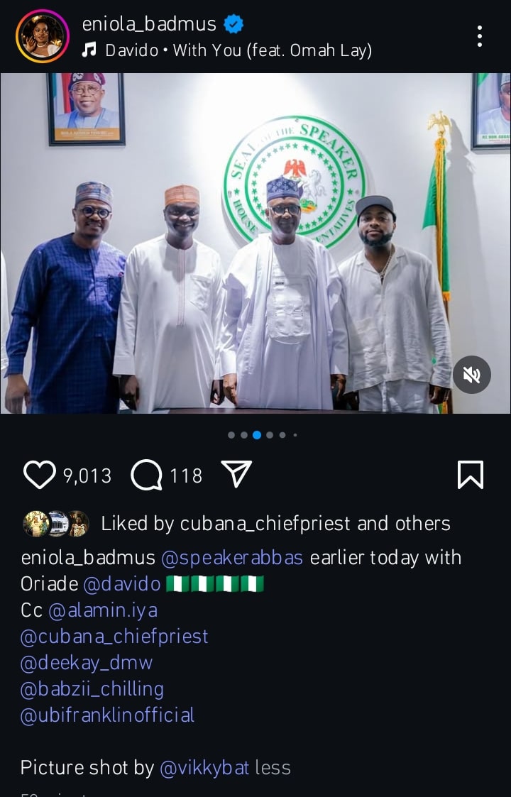 Eniola Badmus, Davido and House of Representatives