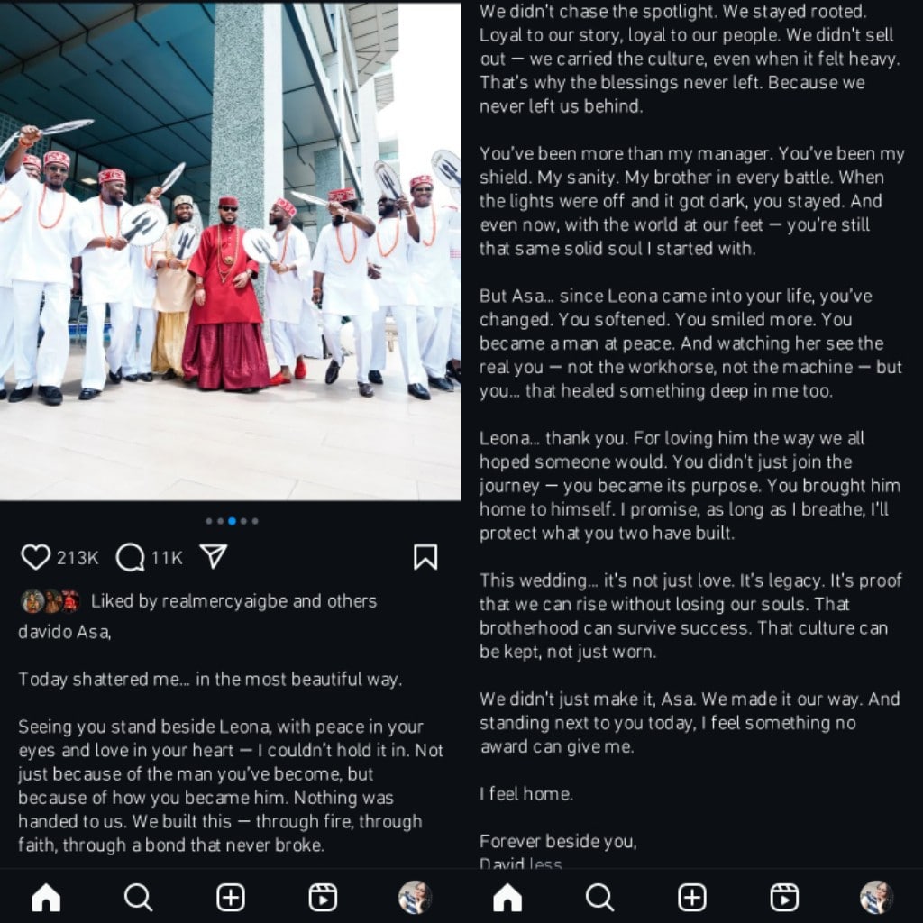 Davido writes note to Asa Asika following wedding