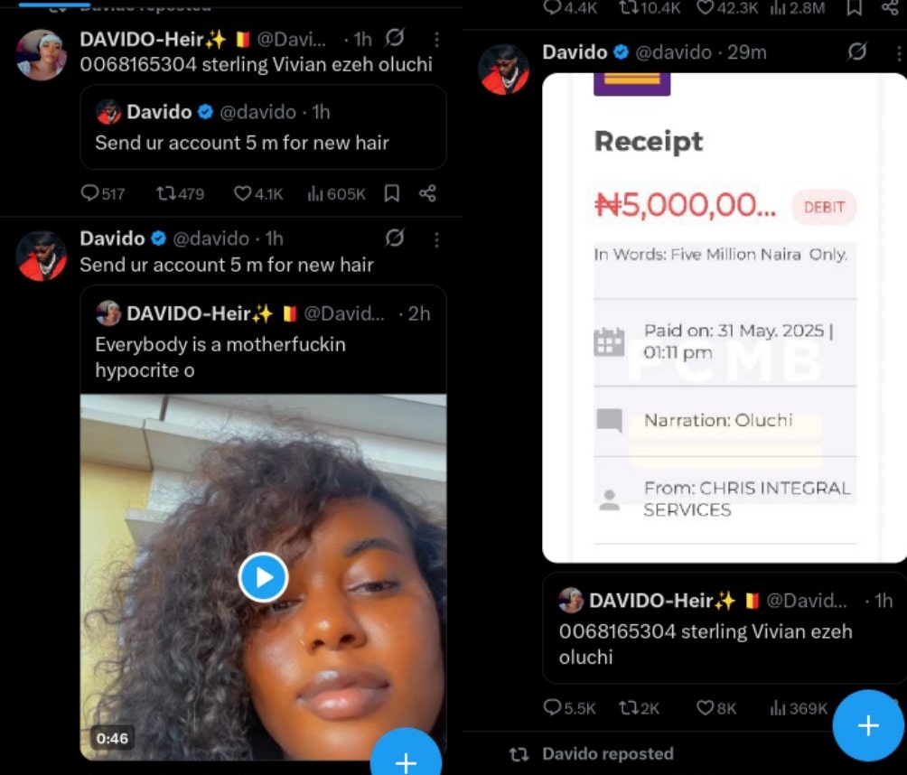 Davido gifts X user N5 million for hair