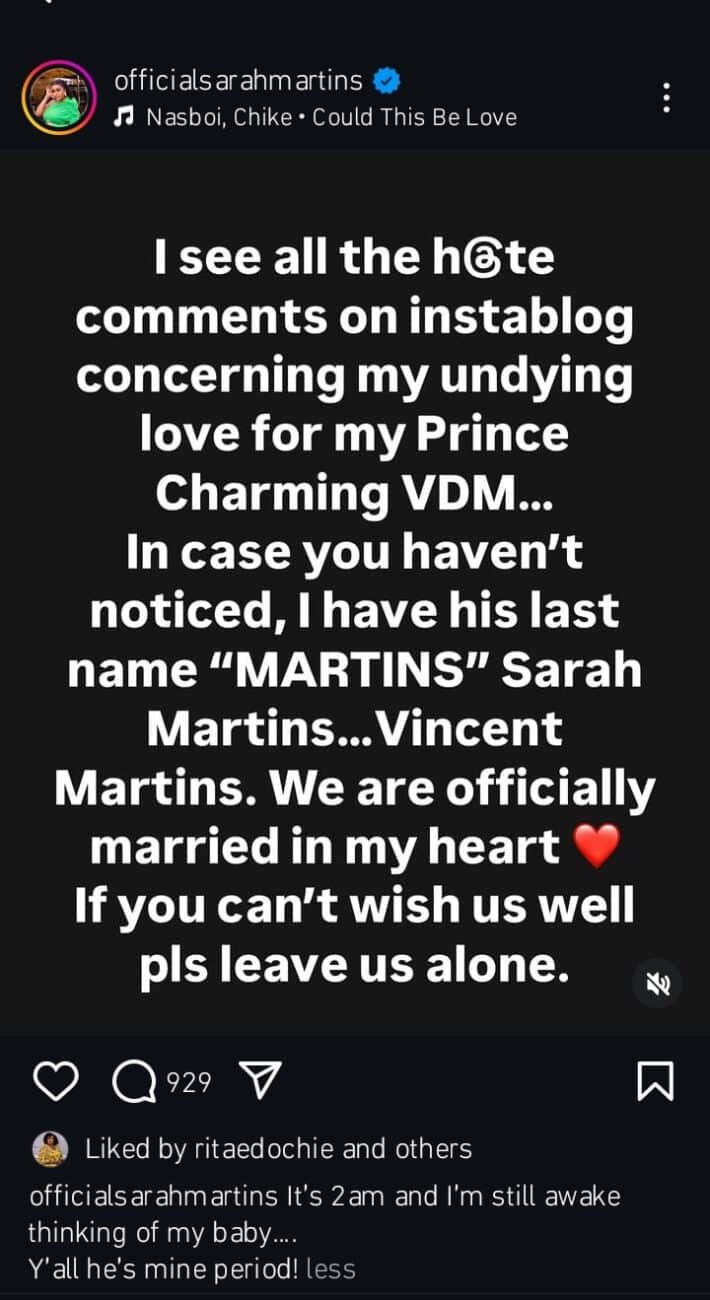 Sarah Martins defends her love for Very Dark Man