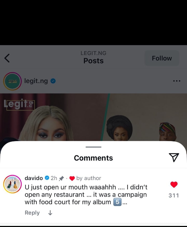 Davido replies Sarah Martins