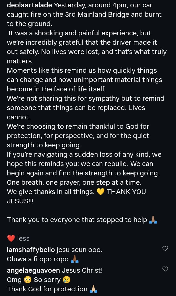 Darey Art Alade and wife car catches fire
