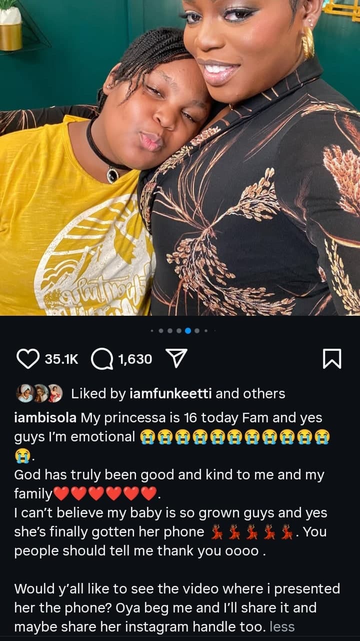 Bisola Aiyeola celebrates daughter as she turns 16