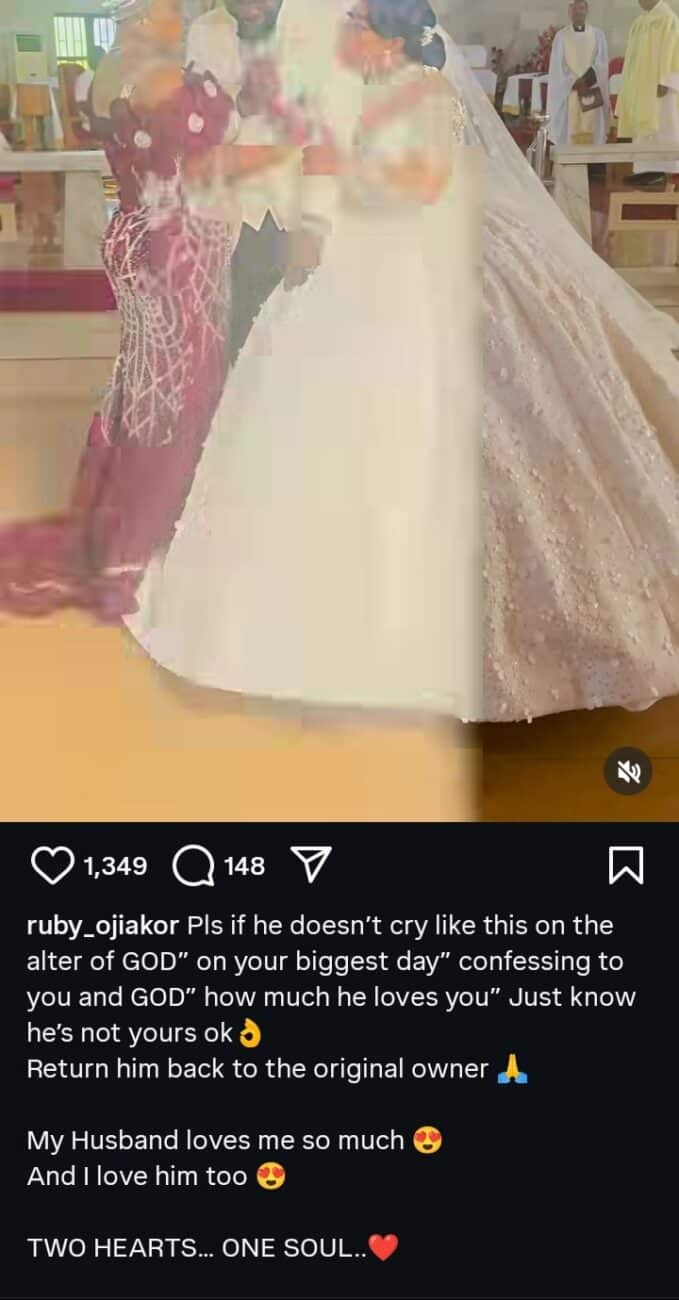 Ruby Ojiakor reacts to video of husband crying on wedding day