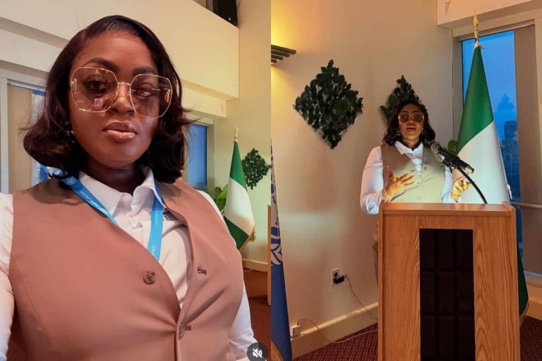 “This is the Nigerian embassy” – Eniola Badmus gets exposed as she shares photos of her speaking at a United Nations General Assembly event in New York