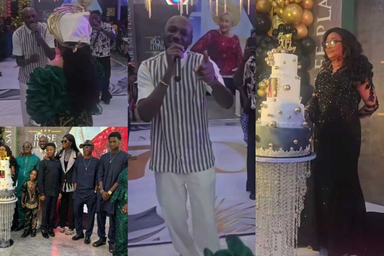 Annie Idibia’s daughters absent as 2baba throws 70th birthday party for his mother, his sons and wife attend (Photos and video)