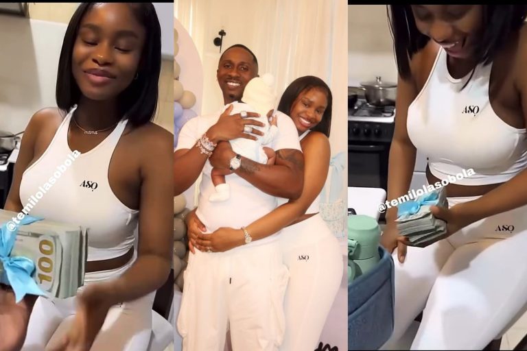 Beautiful moment Juma Jux gifts his wife, Priscilla Ojo, thousands of dollars as push gift (Video)